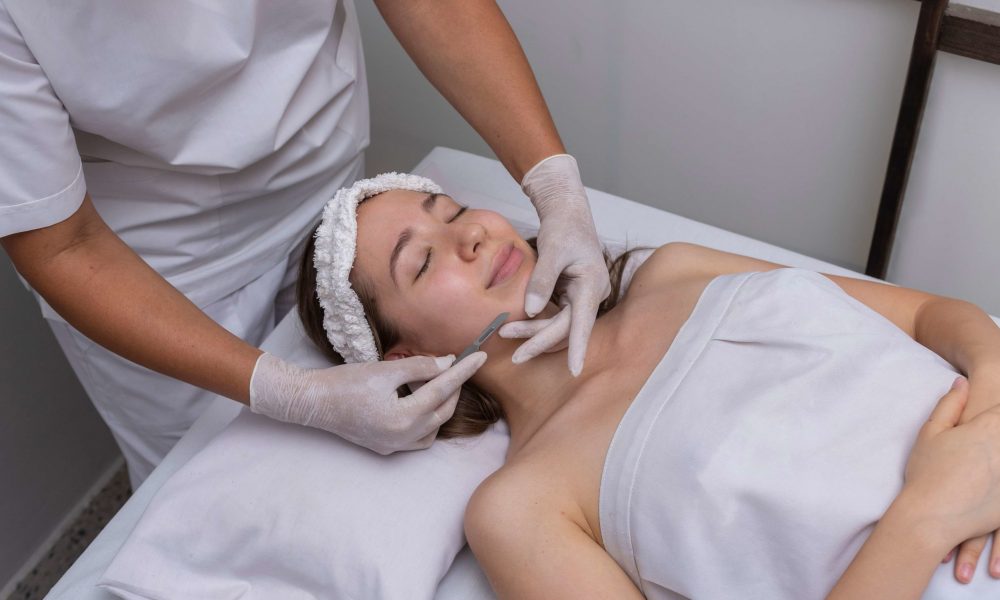 A Pretty lady is getting Dermaplanning Facial treatment | The BB Organics in West Hartford, CT.